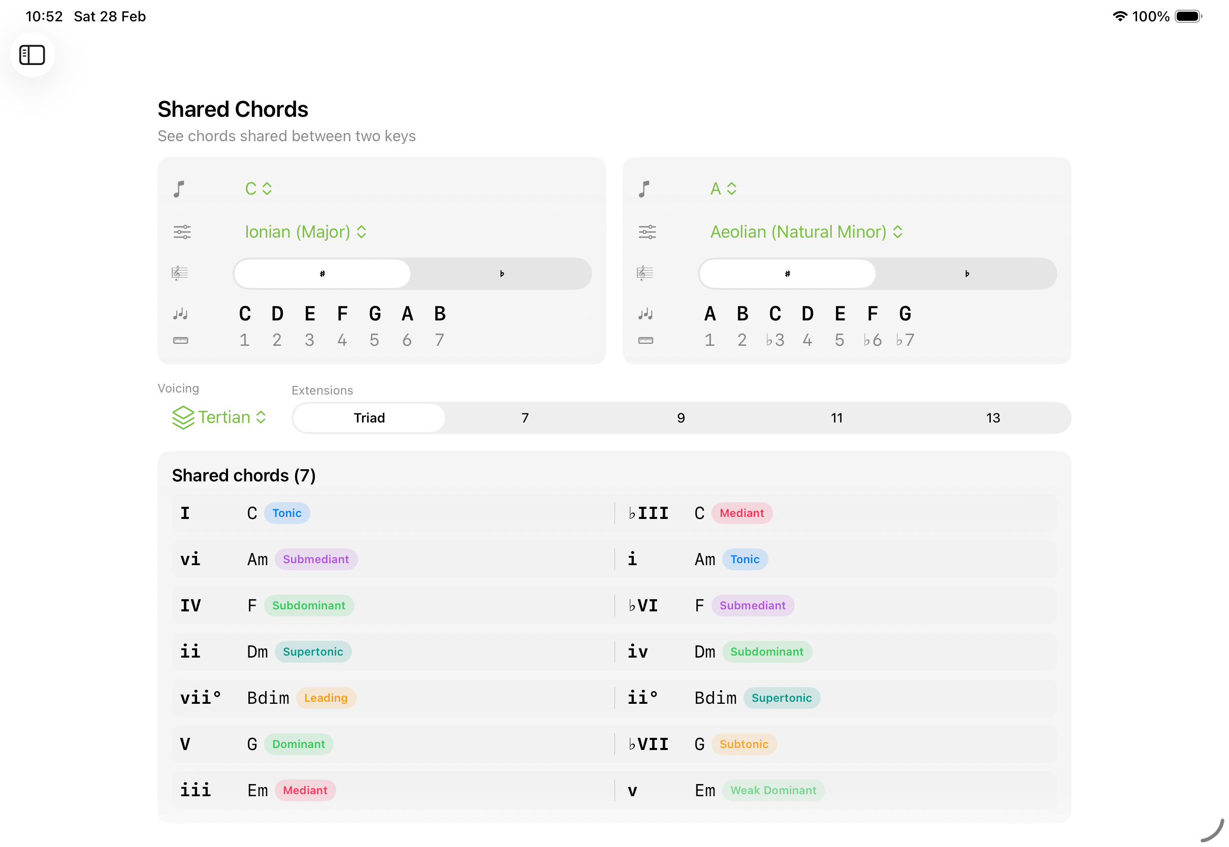 Shared Chords screen on iPad